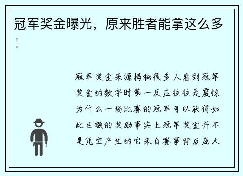 冠军奖金曝光，原来胜者能拿这么多！