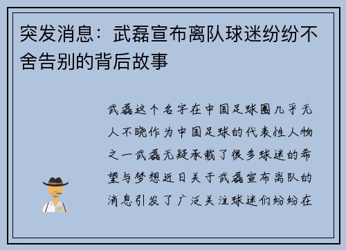突发消息：武磊宣布离队球迷纷纷不舍告别的背后故事